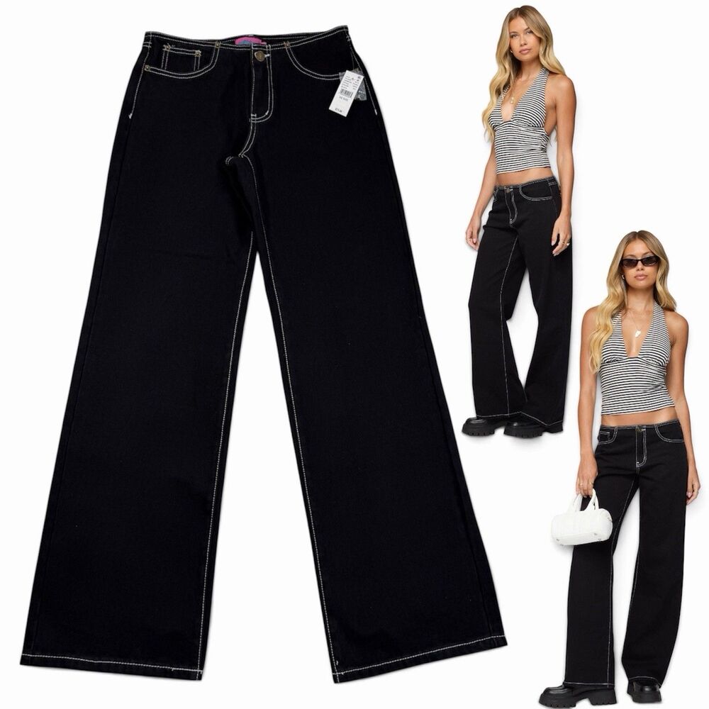 Edikted Contrast Stitch Low Rise Wide Leg Jeans Size XS Black 90s Y2K Festival